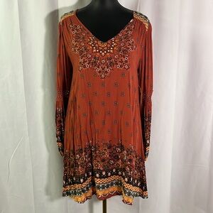 NWT Altar’d State Burnt Red Boho Print Cut Out Back Long Sleeve Mini Dress